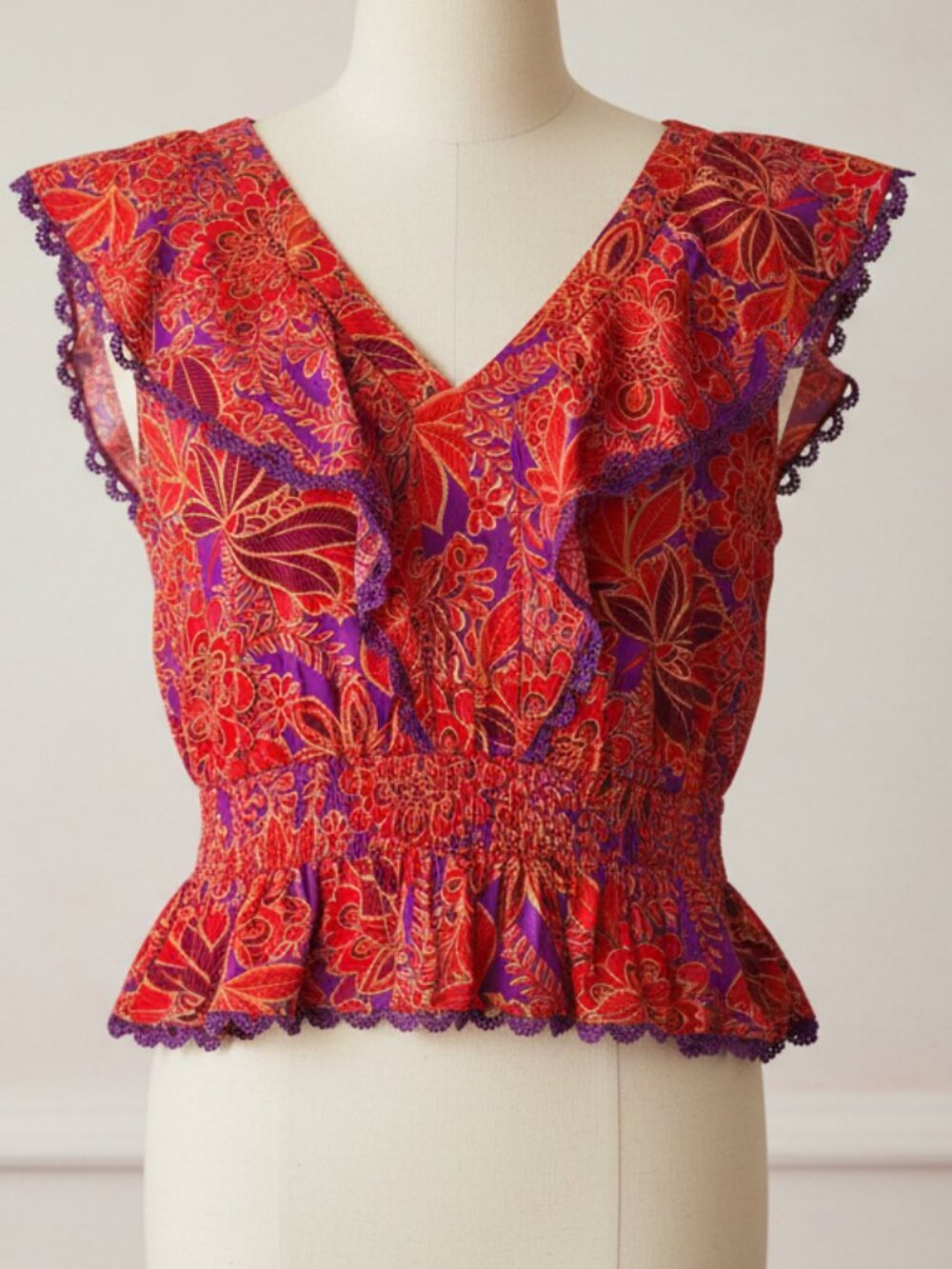 Rose + Olive Botanical Bloom Crochet Trim Crop Top | Purple Floral Rayon | XL